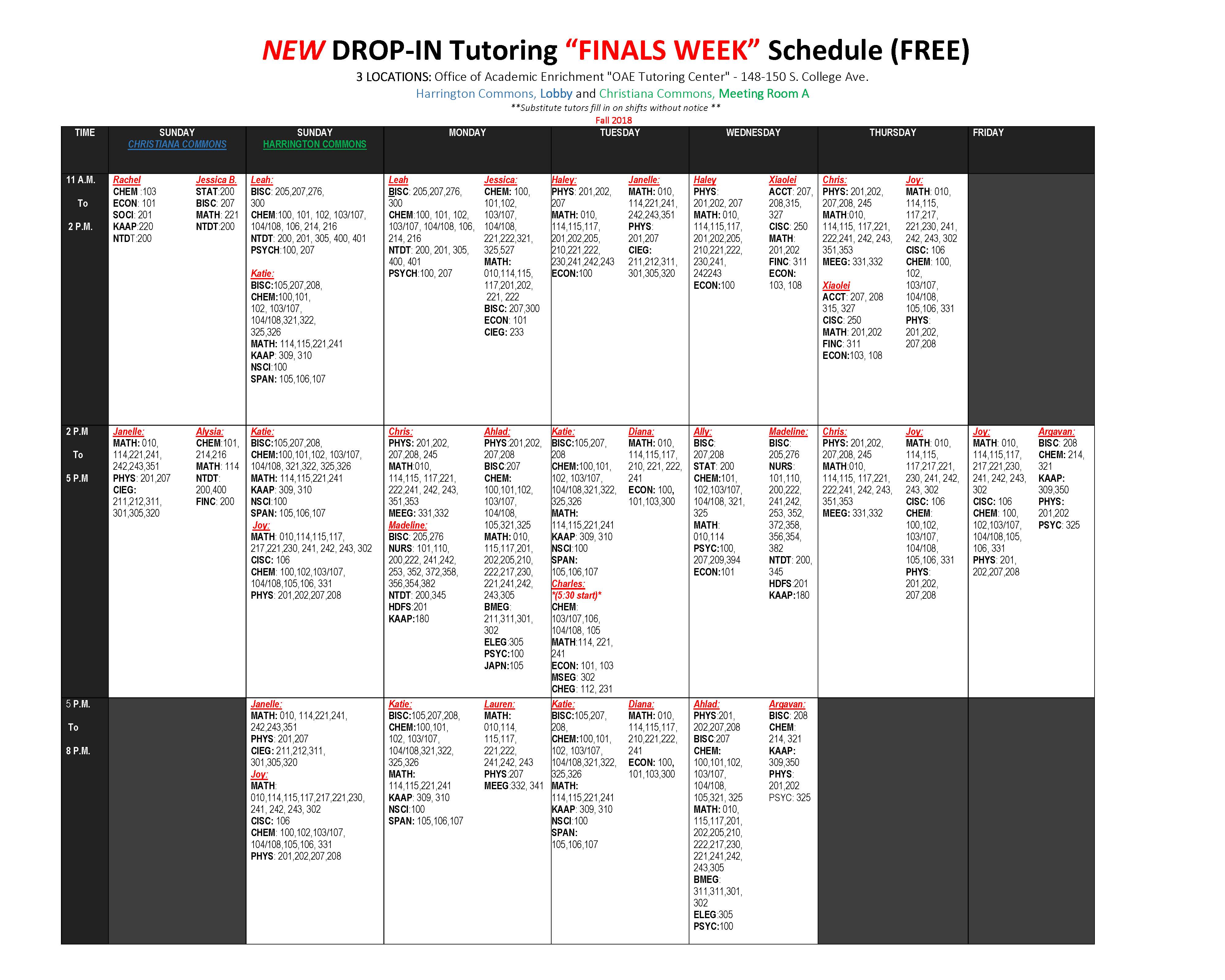 Finals Week Drop In  Tutoring Schedule